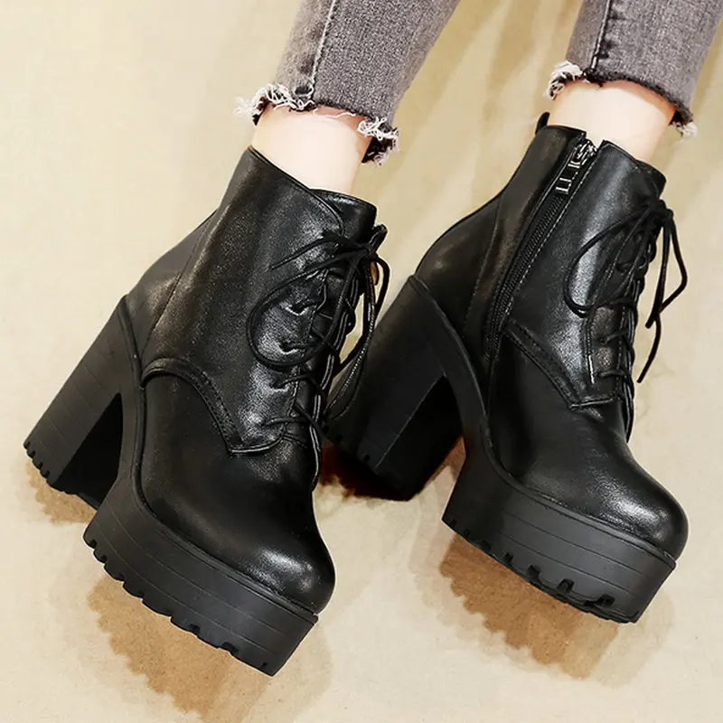 

Autumn Winter High-heels Thick Heel Women Ankle Boots Platform Korean Version Ladies Booties Lace-up Single Boots Martin Boots
