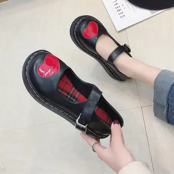 

Harajuku Lolita Shoes Red Hearts JK Round Toe Buckles Straps Lace-up School Students Uniform Dress Girls Black Cute shoes lolita