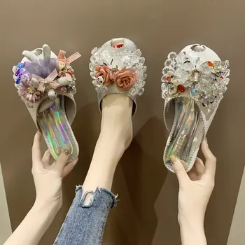 

Spring and summer 2020 new princess style crystal beaded baotou flat bottom large size fish mouth sandals and slippers children