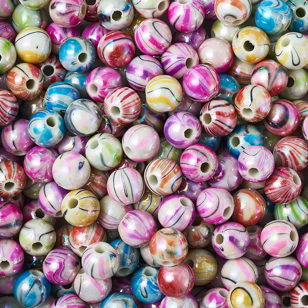 

200pcs 8mm Round Chunky Bubblegum AB Color Wave Printed Acrylic Beads For Jewelry Making DIY Bracelets Mixed Color Hole: 2mm