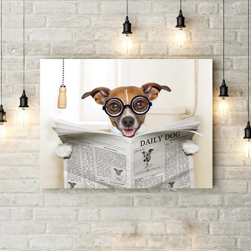 

Funny Dog Canvas Art Poster Prints Crazy Silly Dog Sitting on Toilet and Reading Magazine Painting Bathroom Wall Art Decor