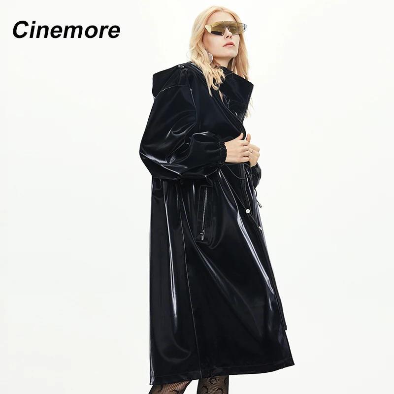 Cinemore 2020 New Trench Coat Casual Shiny Reflective Special Fabric Loose Women's Coats Waist Slimming Fashion Outerwear 82004