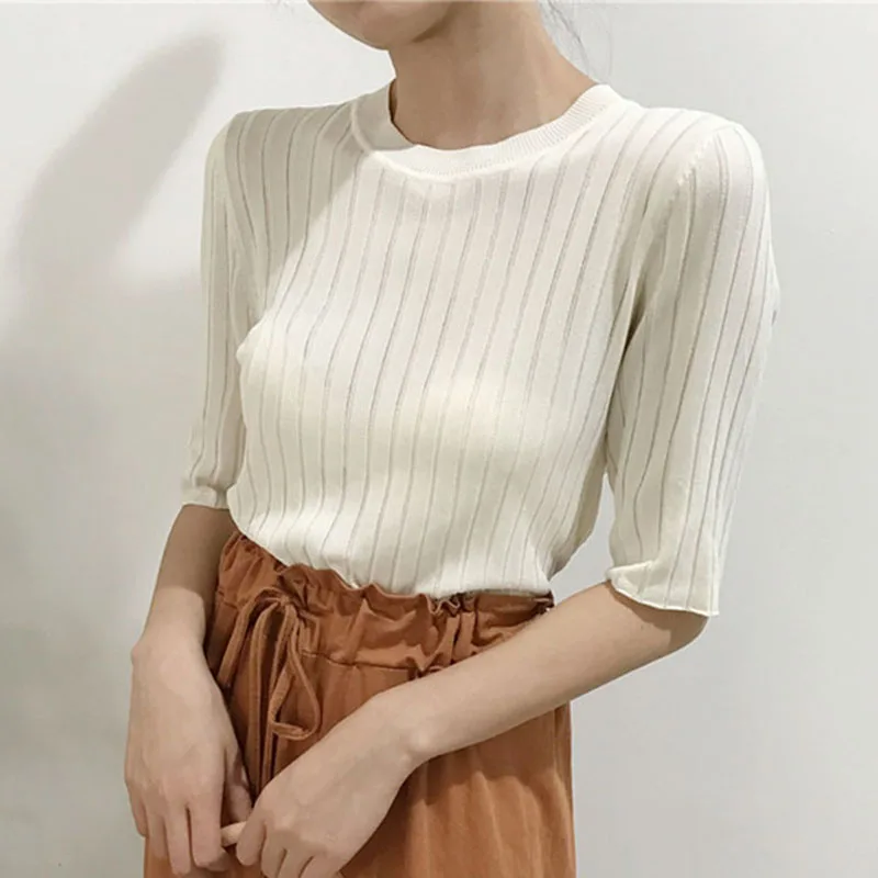 

Summer Autumn Knitted Women Sweaters And Half Sleeve Pullovers O-Neck Sweet Sueter Mujer Tops Solid Casual Korean Jumper