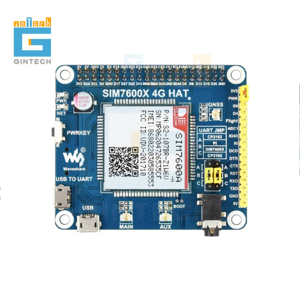 

SIM7600A-H 4G HAT for Raspberry Pi, LTE Cat-4 4G / 3G, GNSS, for North America sim7600A SIM7600