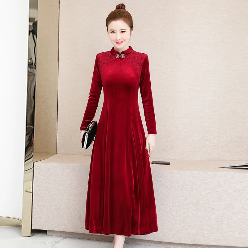 Большие размеры длинное однотонное элегантное бархатное платье офисные