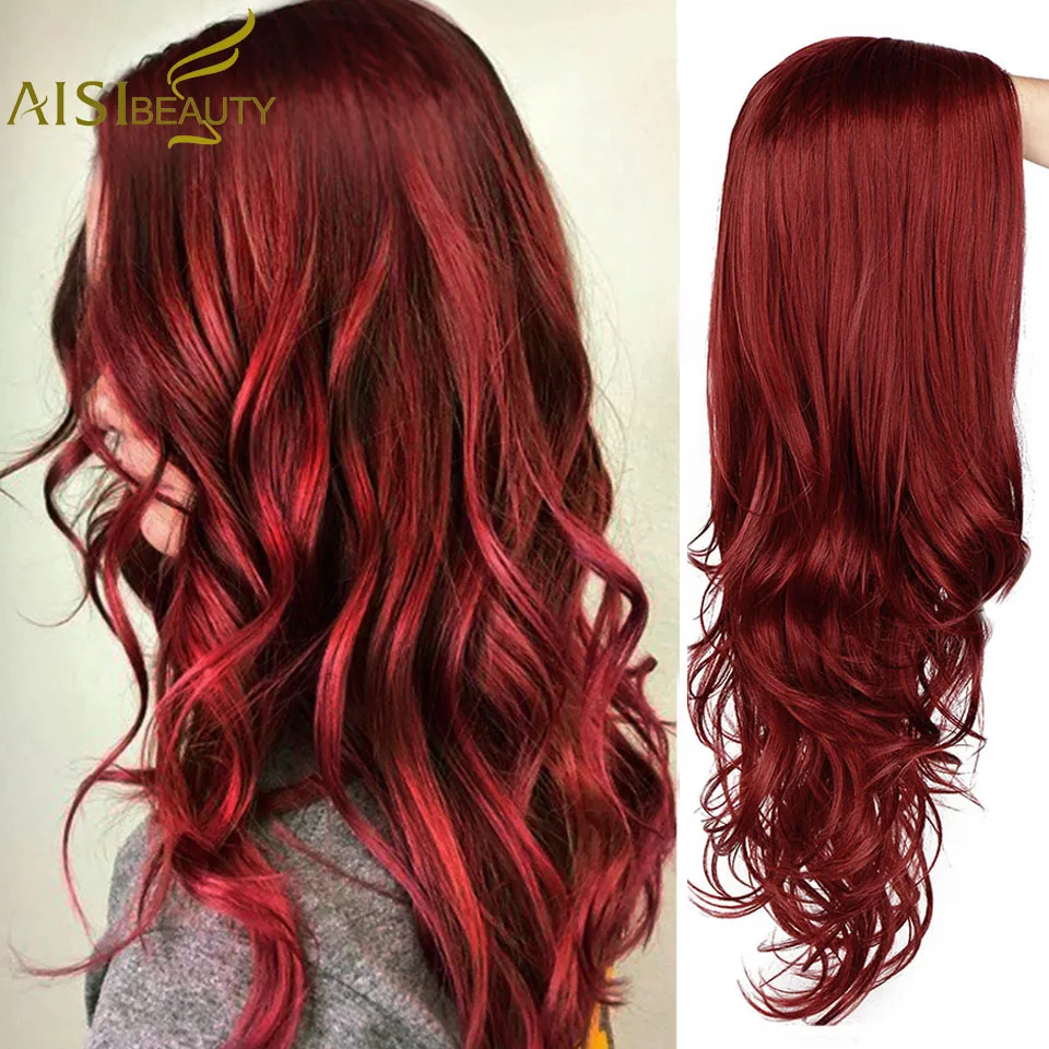Ceny AISI urody długi falista czerwony czarny różowy peruki syntetyczne dla kobiet Cosplay Party kobiet codzienne sztuczne włosy odporne na ciepło