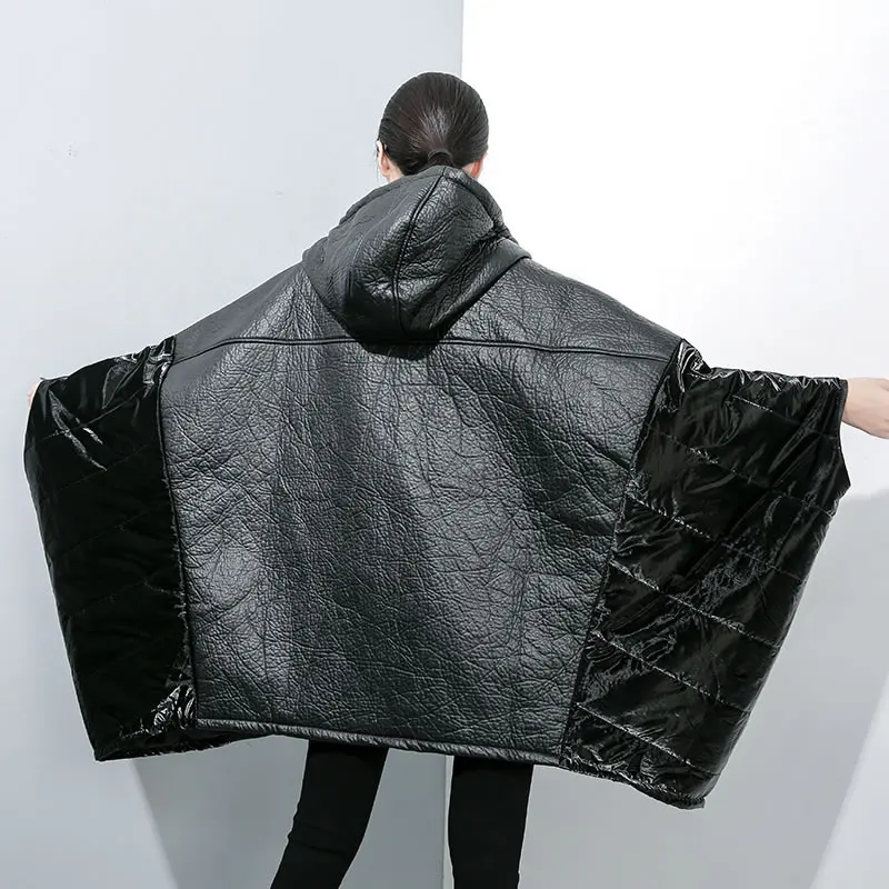 XITAO размера плюс лоскутное ПУ пальто женская одежда мода Свободный над размером d рукав летучая мышь с капюшоном воротник искусственная кожа GCC2673