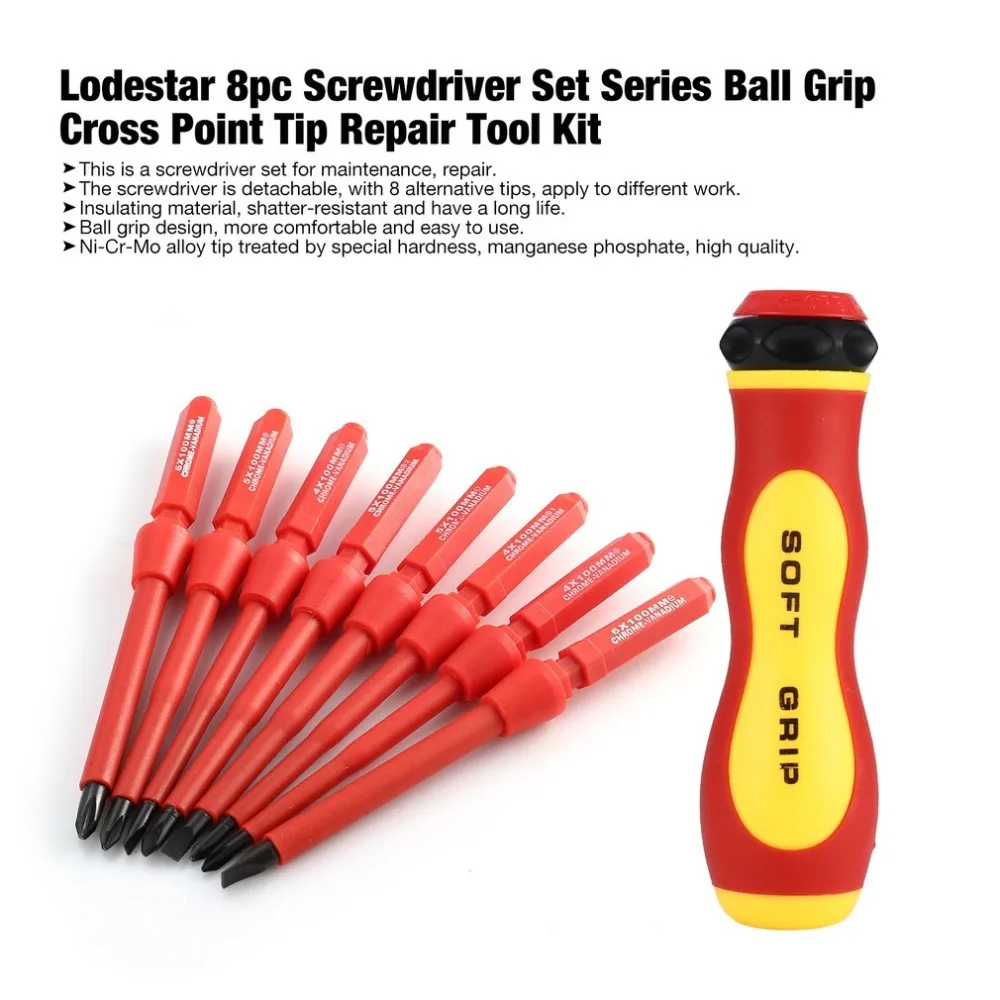 

Lodestar L107808 8pc Screwdriver Set Series Ball Grip Cross Point Tip DIY Repair Tool Kit Screw Star type Hand Tamper Tools