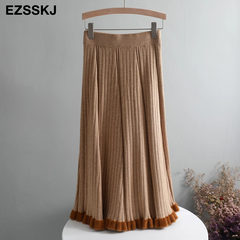 Теплая винтажная зимняя женская Плотная юбка-свитер с высокой талией, плиссированная миди трикотажная юбка трапециевидной формы, женские элегантные юбки