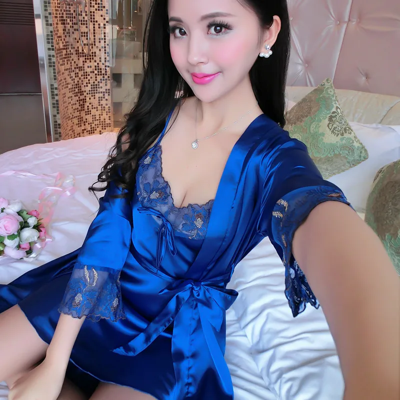

Women's Sexy Two-Piece Set Long-sleeve Suit Female Sleepwear Spring And Summer Thin Silk Three-quarter-length Sleeve Set Home We