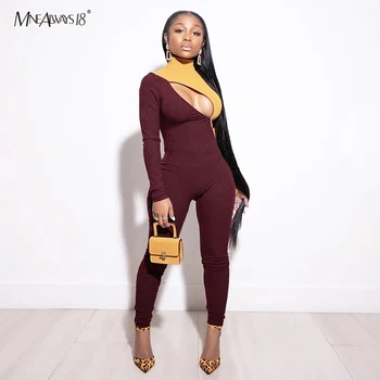 

Mnealways18 Color Block Jumpsuit Women Hollow Out Rompers Womens Jumpsuit Zipper Bodycon Sexy Jumpsuits Patchwork 2020 Fashion