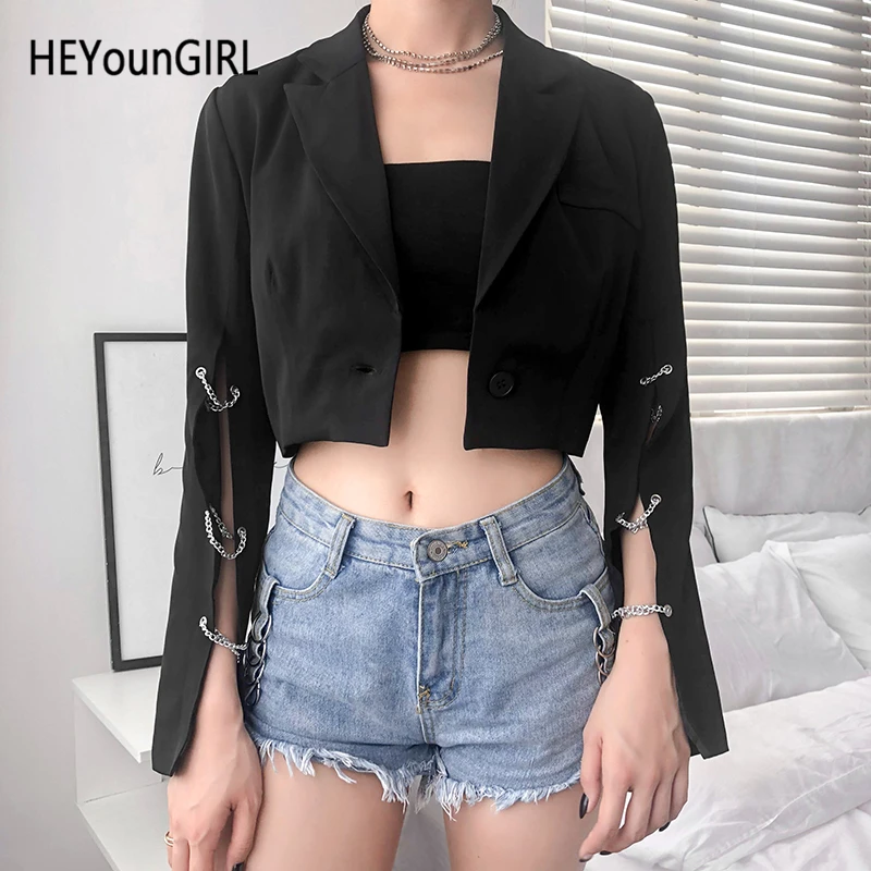 

Heyoungirl Harajuku Punk Short Jacket Woman Split Long Sleeve Short Coats And Jackets Women With Chains Casual Autumn Streetwear
