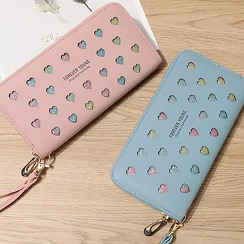 

Fashion Zipper Long Women Wallets Large Capacity Bag Love Color Hollow Clutch Bag Heart Mini Wallets Interior Slot Pocket PU