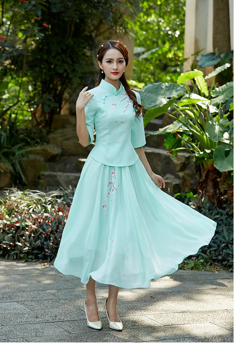 SHENG COCO зеленая китайская блузка с вышивкой Cheongsam топы Женская традиционная одежда в китайском стиле чайный Костюм 4XL плюс размер