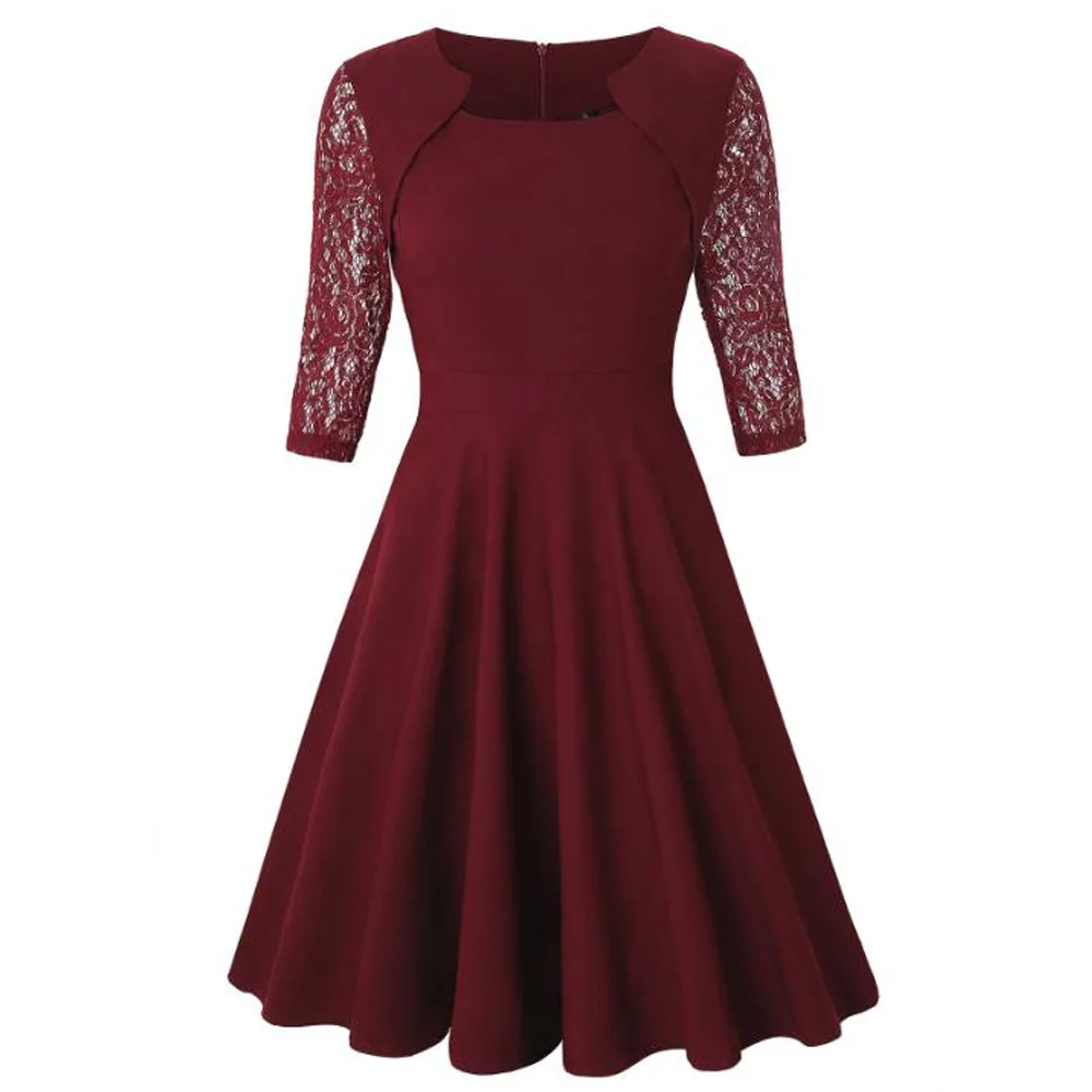 Summer Elegant Office Women Dress Square Collar 3/4 Sleeve Vintage Floral Lace Swing Dress Black Business Work Dress Vestidos
