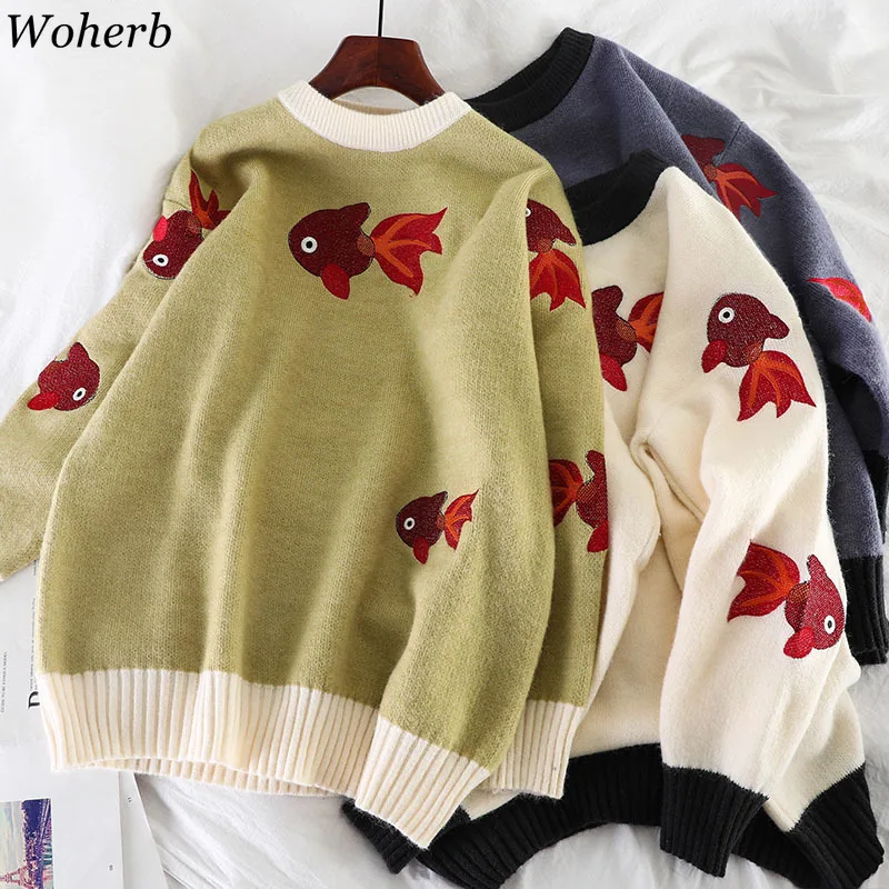 

Woherb Harajuku Vintage Sweater Women Fish Embroidery Contrast Color Pullovers Autumn Winter Jumpers Casual Loose Fashion 90861