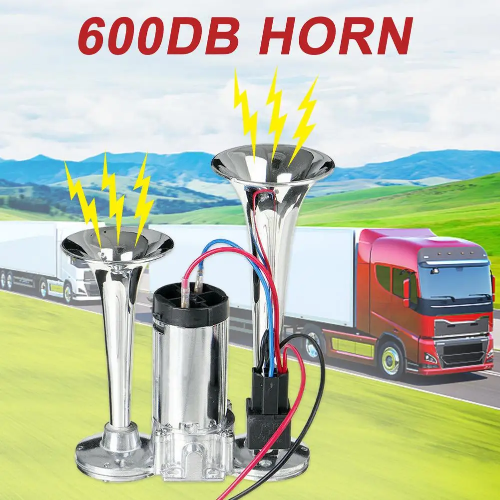Durable Car Air Horn 12V 600DB Super Loud Dual Trumpet Air Horn Kit Universal Vehicle Loud Speaker Car Electronic Accessories