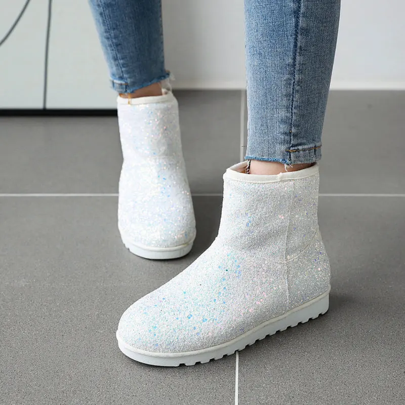 

Fur Plush Winter Snow Boots Women's Boots Comfortable Flat Ankle Boots Fashion Sequined Female Boots Shoes 2019 New Big Size 43