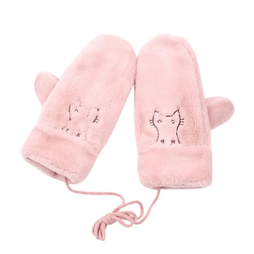 pink Женские зимние теплые Висячие перчатки с веревкой из мультфильма милые варежки ярких цветов - Цвет: pink