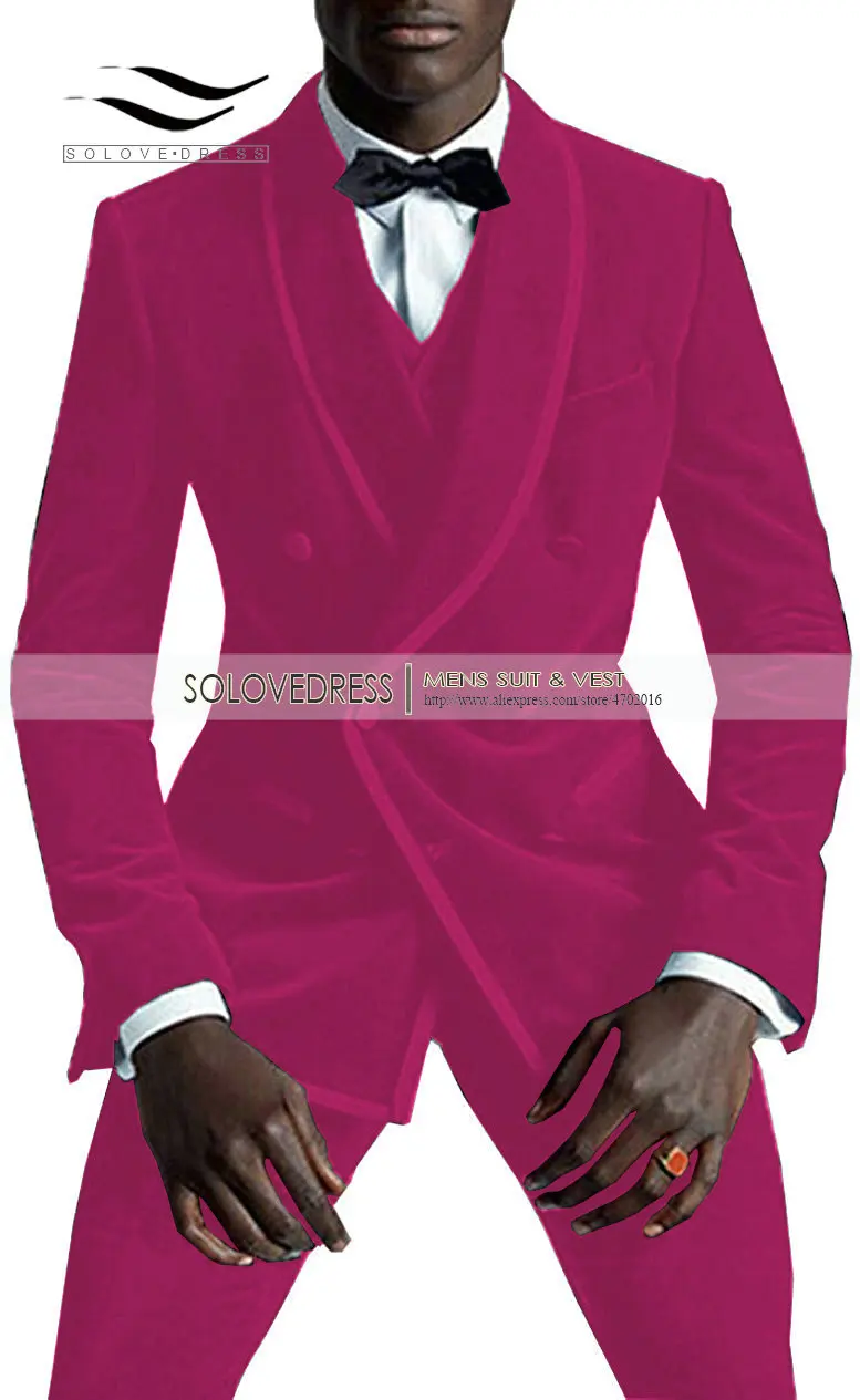 Fuchsia Solovedress, высокое качество, мужские модные костюмы, деловой бархат, жених, 3 предмета, свадебные, двубортные смокинги, terno masculinoM6 - Цвет: Fuchsia
