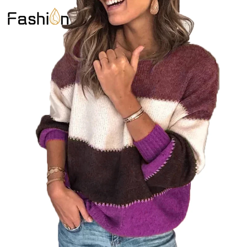 Plus Size 5XL Loose Autumn Winter Striped Sweater Women Pullover Sweaters High Quality Oversized Color Block Jumper | Женская одежда