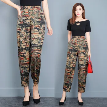 

woman pants Plus Size L-4XL Summer 2020 High Waist Fashion Printed Elastic waist Loose Casual Ankle-Length Harem Pants Female