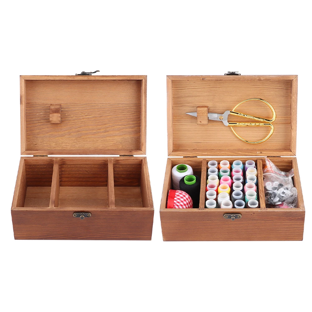 Multifunction Vintage Wooden Sewing Box Needle Thread Storage Case DIY