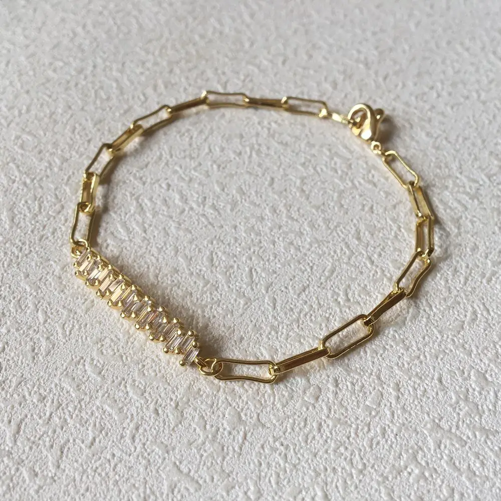 FUWO Shiny Cubic Zircon Bracelet,Golden Plated Long Box Chain Hip Hop Style Brass Jewelry Wholesale BR010 5Pieces/Lot