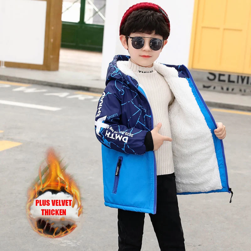 Jaqueta de Poliéster para o Menino Veludo com Capuz Inverno Nova Versão Coreana Manter Quente Engrossar Mais Parka Cabolsa Casual Roupas Infantis 2 nova versão coreana manter quente engrossar mais