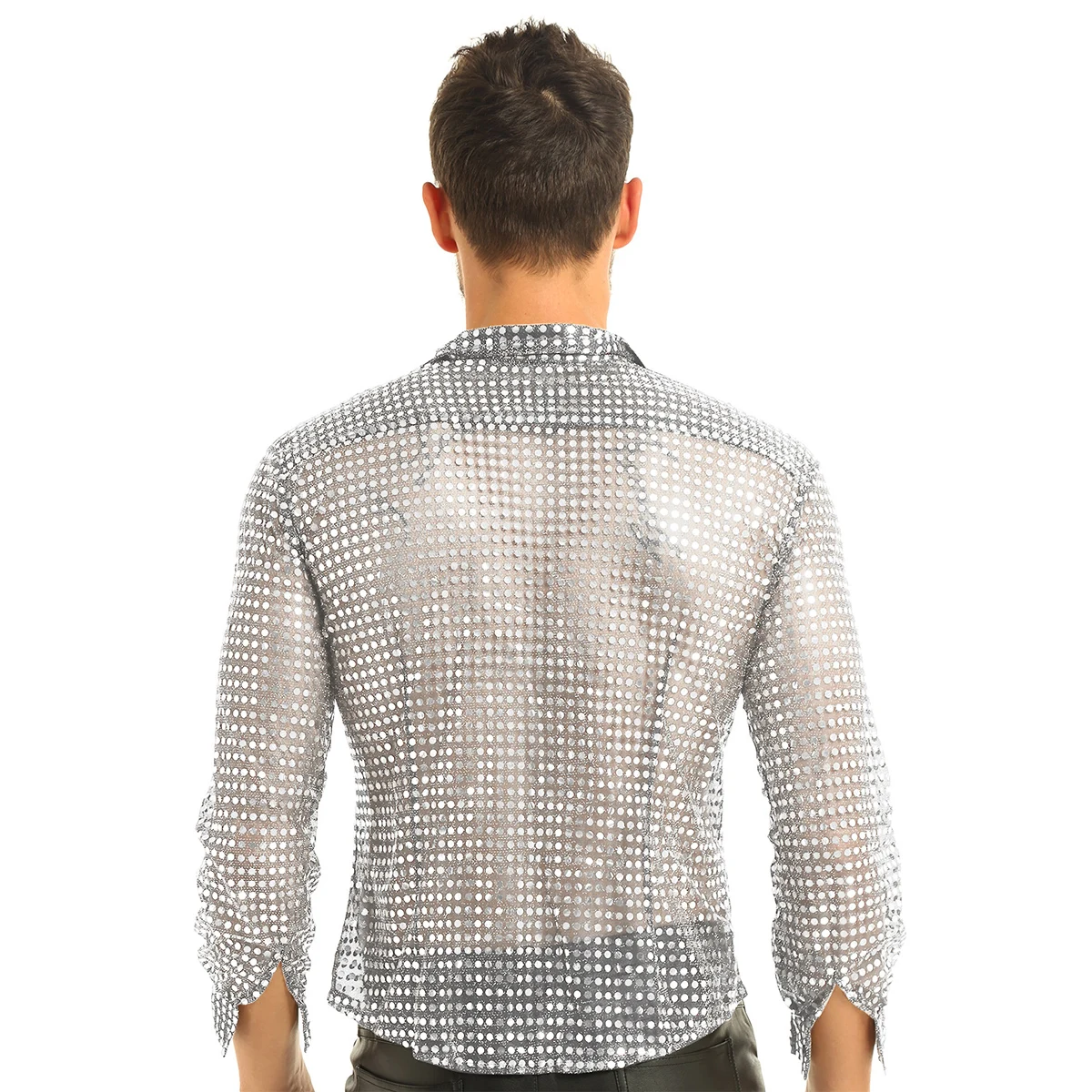 iEFiEL Mens Fashion Holographic Costumes Clothing Shiny Sequins See Through Mesh Clubwear Evening Dance Performance Top Shirt men shirts