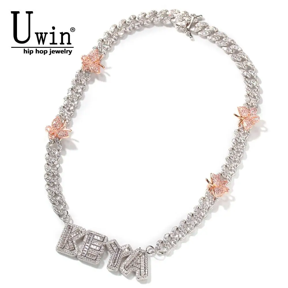 

Uiwn Name Necklace 9mm Cuban Chain With Butterfly Baguette Letters Full Iced Out Zircon Pendant Gift HipHop Jewelry