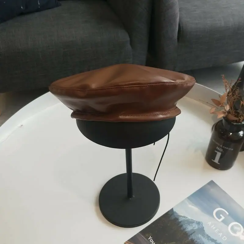Coffee Осенне-зимний женский берет,, Модный берет из искусственной кожи, кожаный берет, французская художница, Теплая Шапка-бини, бейсболка - Цвет: Coffee