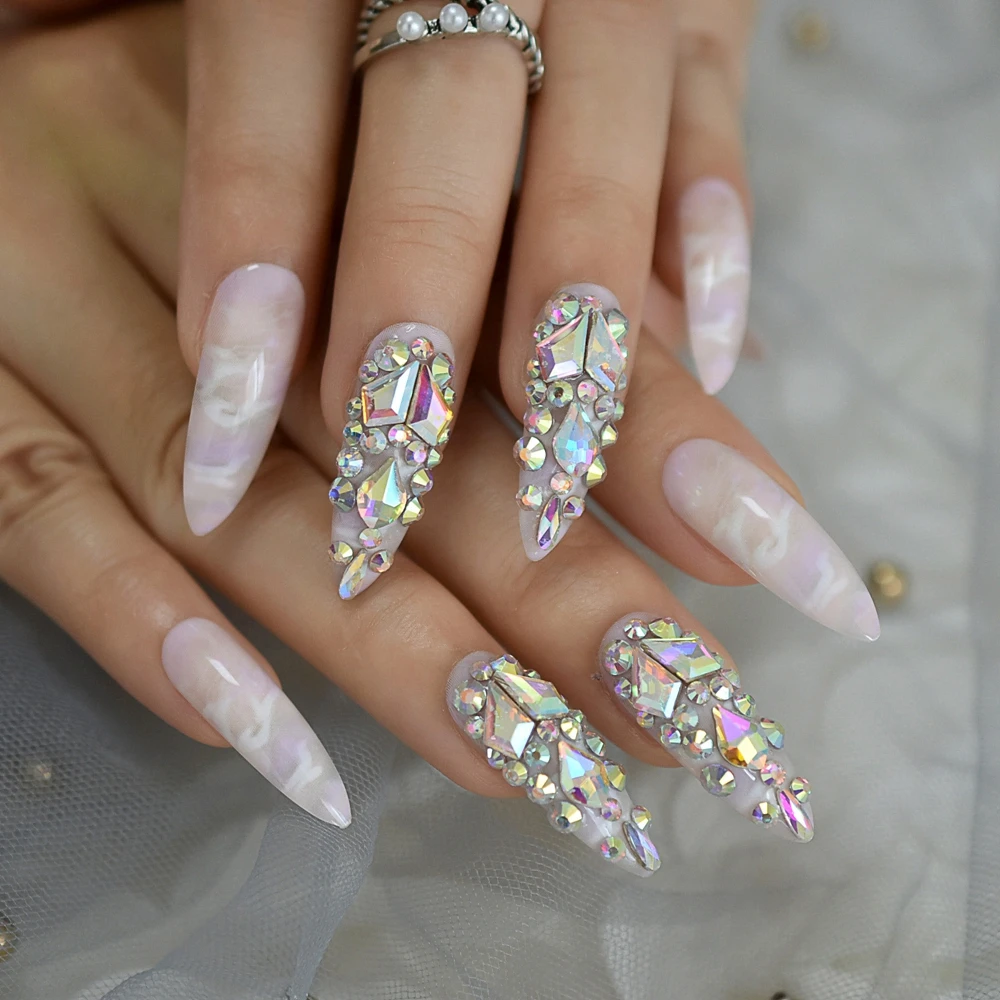 Gorgeous Luxury Press On Nails Extra Long Light Marble Colorful Crystal Faux Ongles with Large Rhistones AB Perfect Party