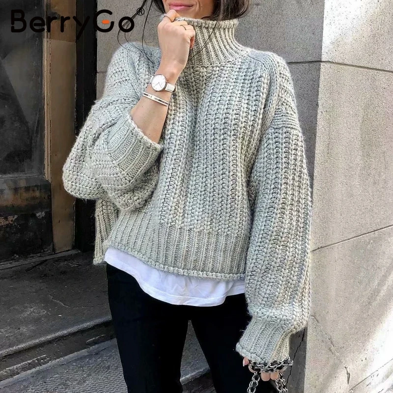 BerryGo водолазка однотонный пуловер свитер для женщин Осень зима рукав летучая