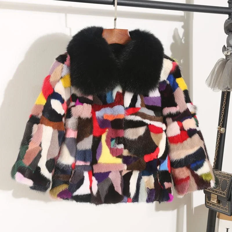 New women's Genuine real natural mink coat with fox fur collar fashion multi-color colorful winter jacket custom any size |