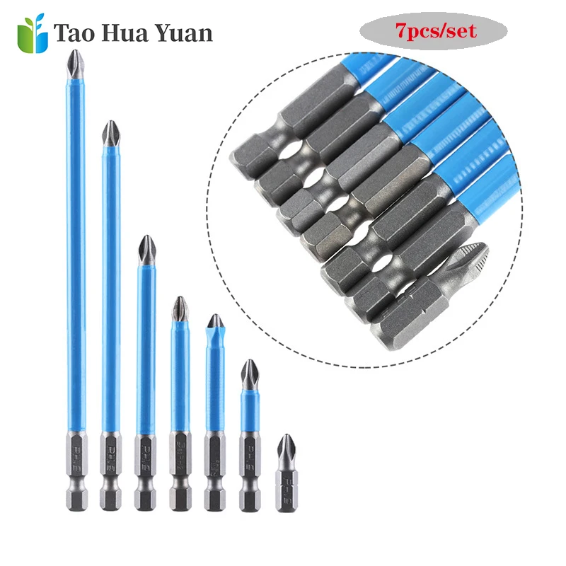 Tao Hua Yuan 7PCS PH2 Anti Slip Electric Screwdriver Bits Set Bits Hex Shank 25/50/65/70/90/127/150mm Power Tool Accessories AA