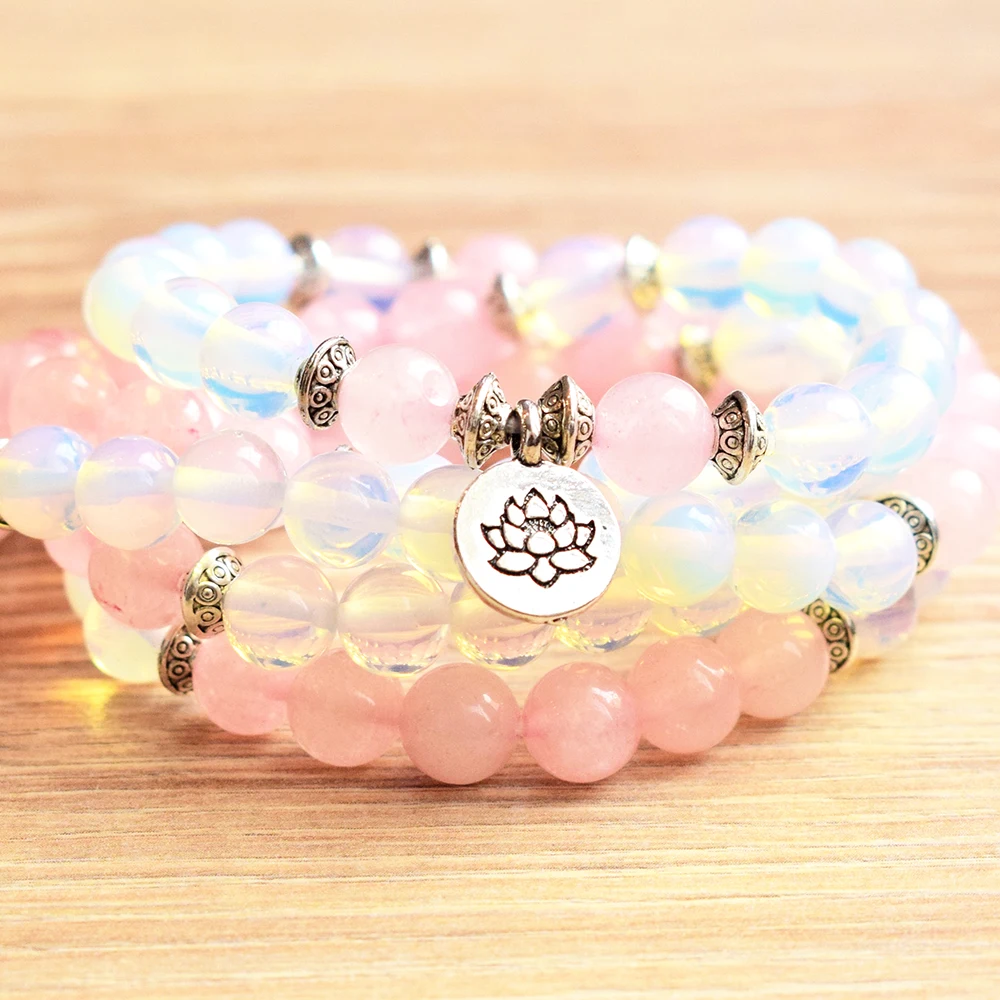 Ruberthen, дизайн, женский браслет, 108 мала, 8 мм, опал и Роза, кварц, браслет, весна, на запястье, мала-йога, ювелирное изделие