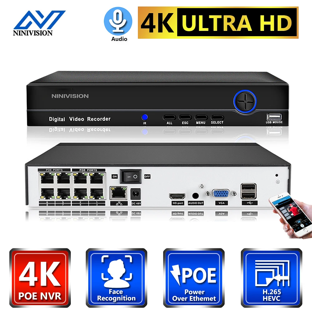 Видеорегистратор Ultra HD 8CH POE NVR 8MP ONVIF H.265 CCTV устройство для видеонаблюдения