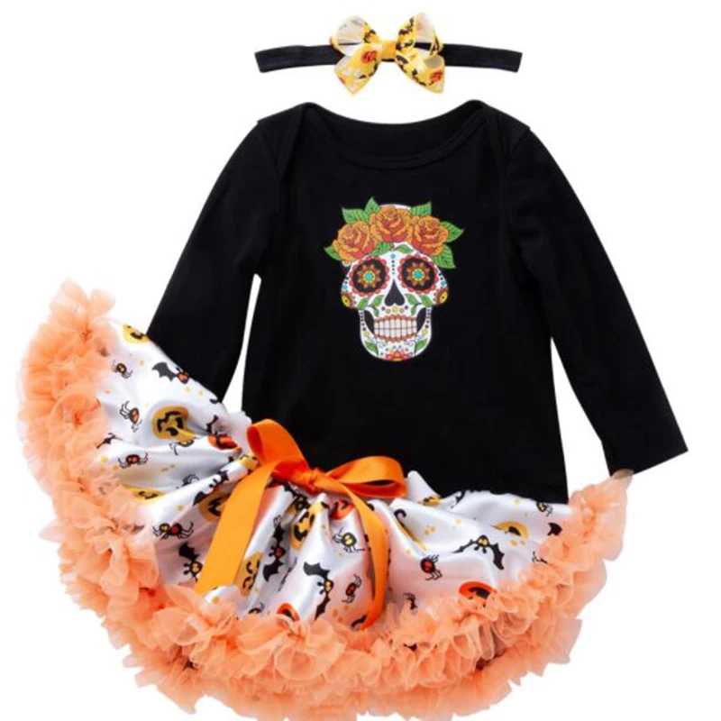 

Halloween Style Black Long Sleeves Jumpsuit 3pcs Toddler Baby Girl Clothes Set Lace Tutu Dress+Romper+headband Outfits Suit