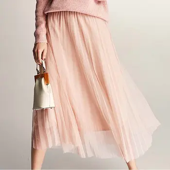 

New Women Fashion High Waist Mesh Skirt Female Sweet Midi Pleated Skirts Knee-length Tulle Skirt 2019 Women Summer New