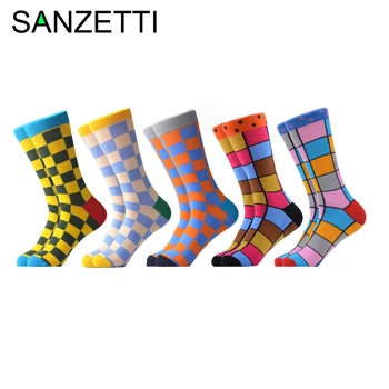 

SANZETTI 5 Pairs/Men's Combed Cotton Socks Dress Trend Wedding Socks Funky Geometric Dot Pattern Birthday Gift Business Socks
