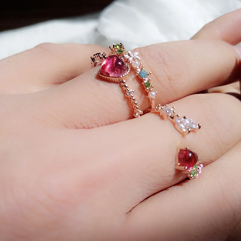 

Korean Sweet Red Love Heart Moon Cubic Zircon Crystal Flower Adjustable Rings For Women Girls Party Jewelry Bague Anel bijoux
