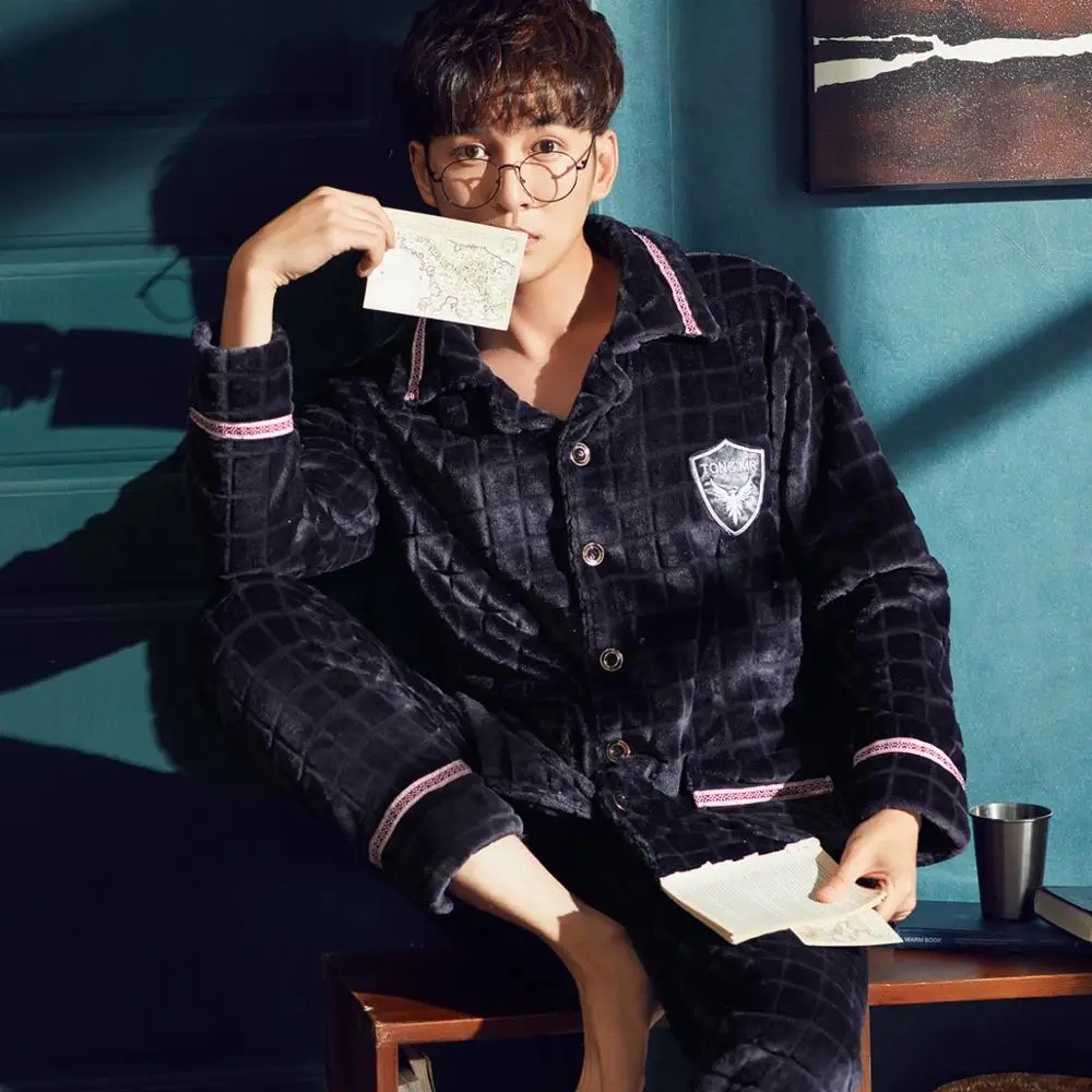 Men Autumn Winter Coral Wool Long Sleeve Trousers Solid Pajamas Youth Home Wear Warm Flannel Middle-Aged Two Suit Халат
