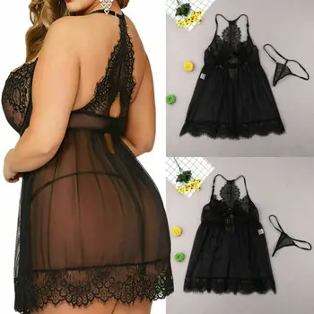 

Plus Size Sexy Women Sleepwear SetBlack Halter Lace Mesh Eye Transparent Nightdress and G string Dress Nightwear Gowns