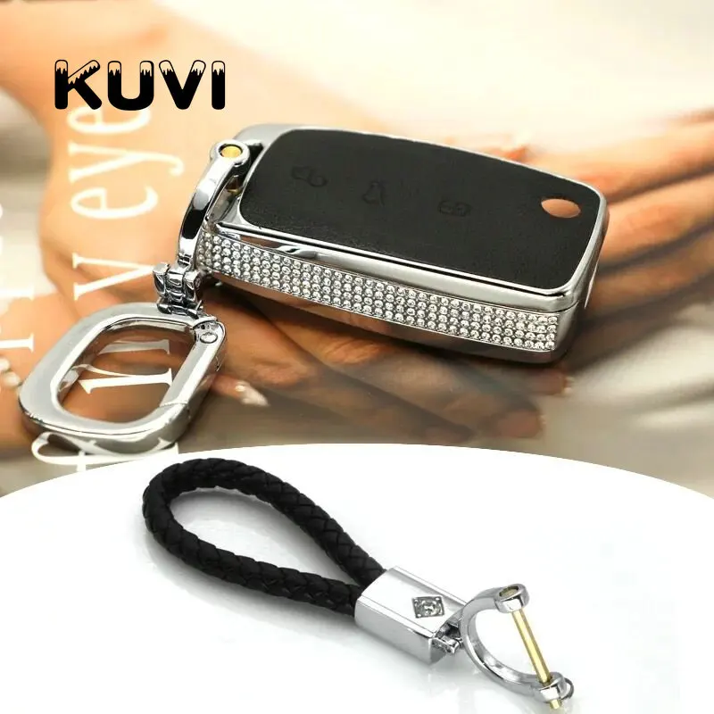 black with keychain2 Цинковый сплав кожаный чехол для автомобильных ключей, чехол в виде ракушки брелок для VW гольф Бора для GOLF, jetta, Polo GOLF Passat; Skoda Octavia A5 Fabia сиденье Ibiza Leon - Название цвета: black with keychain2