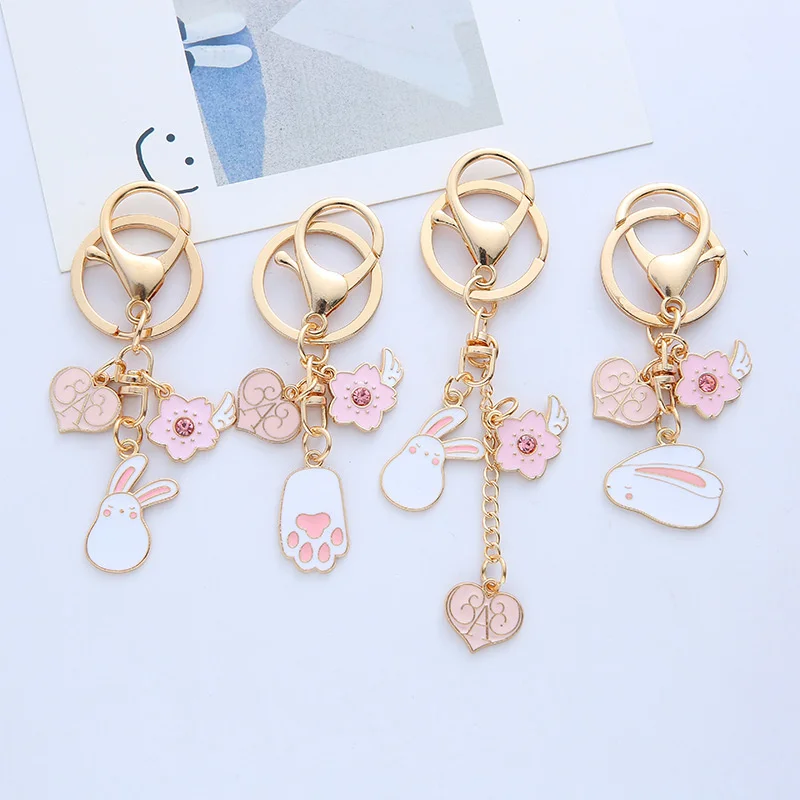 Cute Rabbit Metal Keychain Lovely Pink Heart Sakura Car Bag Keyring Girl Boy Couple Jewelry Lanyard Headset Pendant women fashion heart shaped metal waist chain belt waistband accessories silver plate color hiphop punk y2k girl waist jewelry