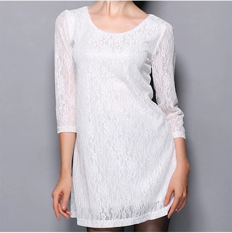 New Elegant Women's Vintage O Neck 3/4 Sleeve Dress Lace Loose Mini Dress Ladies Casual Evening Party Wear Summer