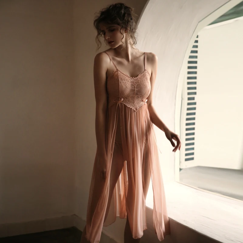 

Pink sexy lace straps gather high slits see-through mesh gown nightgown sleepwear nightdress set