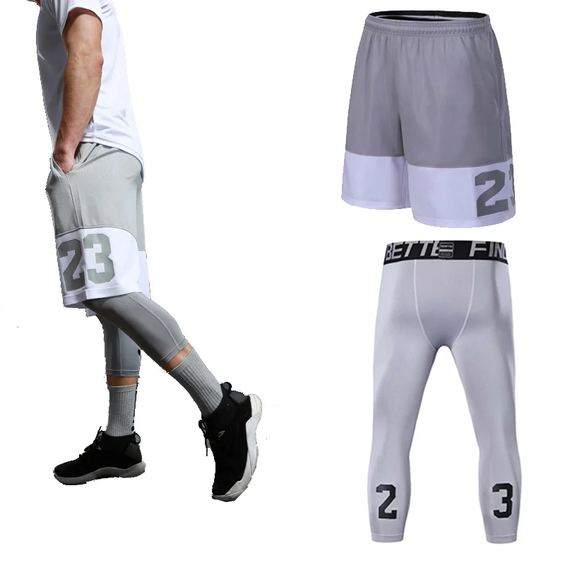 8901gray white set Профессиональные спортивные мужские шорты для занятия баскетболом, наборы для занятий спортом, для спортзала, быстросохнущие, облегающий тренировочный костюм, шорты для баскетбола, мужские футбольные колготки - Цвет: 8901gray white set