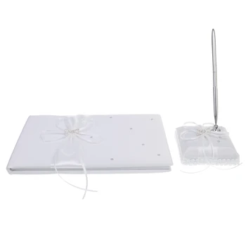 

White Wedding Guest Sign in Messages Crystal Bowknot Register Book Pen Set
